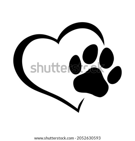 Heart with paw. Traces of dogs or cats. Vector isolated silhouette.