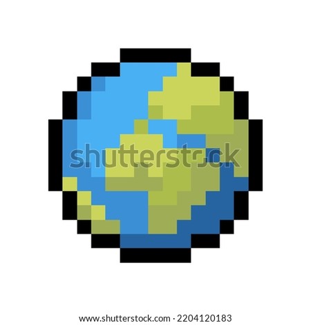 Planet Earth, 8 bit pixel art icon isolated on white background. Old school vintage retro 80s, 90s slot machine, video game graphics.