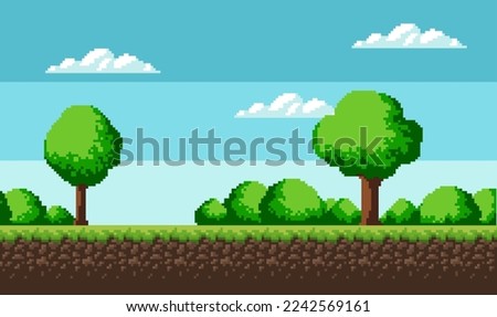 Pixel art game scene with ground, grass, trees, sky, clouds, character, coins, treasure chests and 8-bit. Landscape vector.