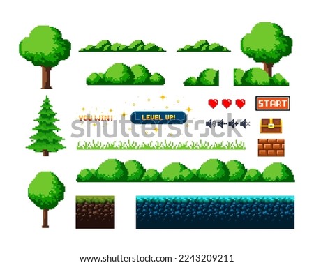 Pixel sprite, forest, trees, bushes. Land and game props. Retro 8-bit sprite. Vector isolated set