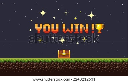 Pixel art night game background with grass, sky and you won game 8-bit text. Game screen pixel