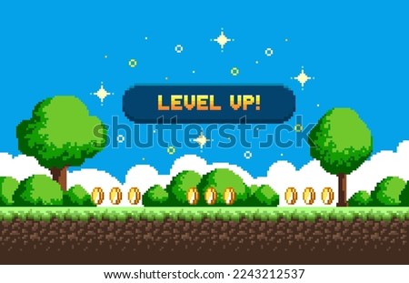 Pixel art game background with button level up. Game design concept in retro style. Vector illustration. Game screen pixel
