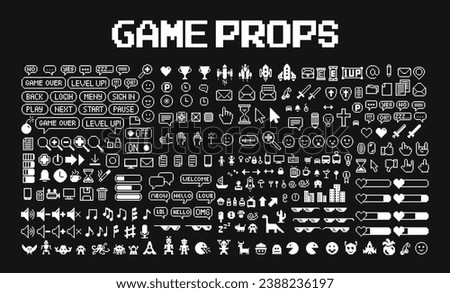 Set of retro icons, monsters, heroes and treasures. Pixel black and white 1-bit, 8-bit icons. Vector isolated background. Design for web