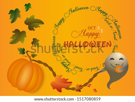 Happy Halloween 31 Walt Disney font decorated with leaves pumpkins for party banner poster. Cute ghost holding little pumpkin other hand pulling big pumpkin with rope. Autumn tone. Vector illustration