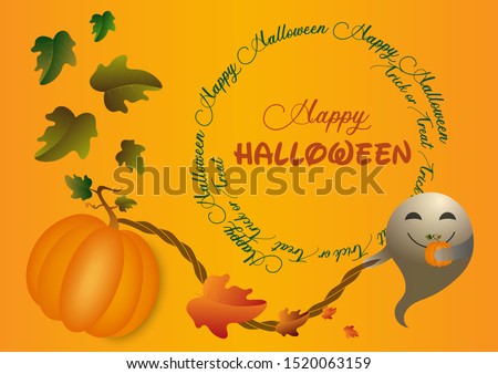 Happy Halloween Walt Disney font decorated with leaves pumpkins for party banner poster. Cute ghost holding little pumpkin, other hand pulling big pumpkin with rope. Autumn tone. Vector illustration.