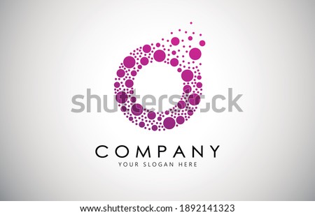 O Letter Logo with Dot or Circle Dispersion Bubble Effect. O Dotted letter in purple gradient vector illustration.