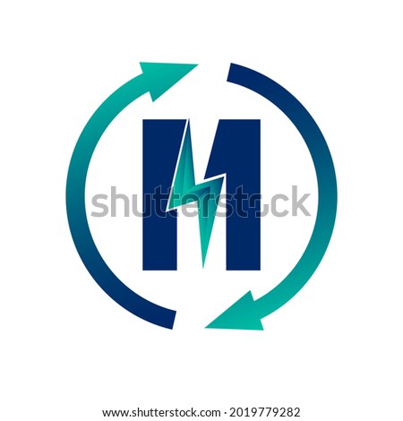 Renewable Green Energy Thunderbolt Letter M Logo Icon Concept. Production of Green Energy Powered by Renewable Electricity. 