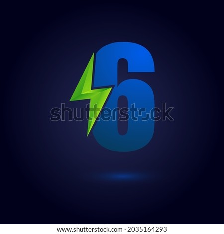 Number Six 6 Thunder Bolt Green Energy Logo Concept. Numeric Flash Icon.
