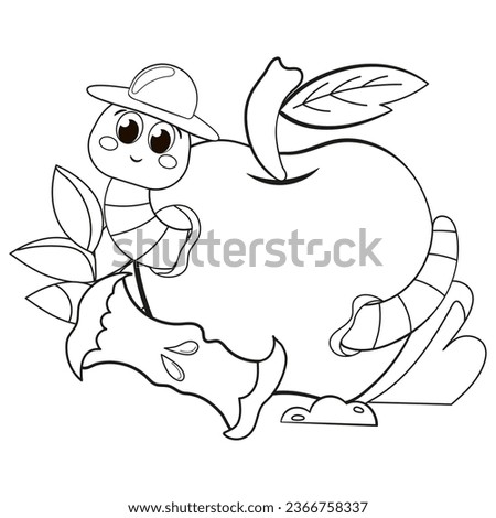 Coloring page with cute worm with apple for kids, kawaii black and white cartoon insects and composting themed educational worksheet for print, game for preschoolers
