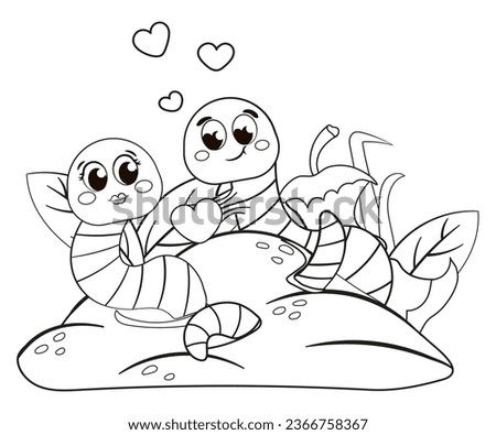 Coloring page with cute worms falling in love, kawaii black and white cartoon insects and valentine day themed educational worksheet for print, game for preschoolers
