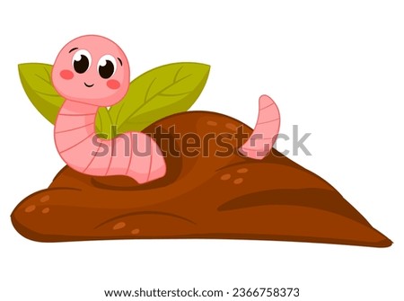 Cute eartworm character sitting in ground with leaves in cartoon style, mascot for composting concept, illustrationfor kids greeting card