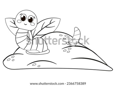 Coloring page with cute worm sitting in ground, kawaii black and white cartoon insects and composting themed educational worksheet for print, game for preschoolers