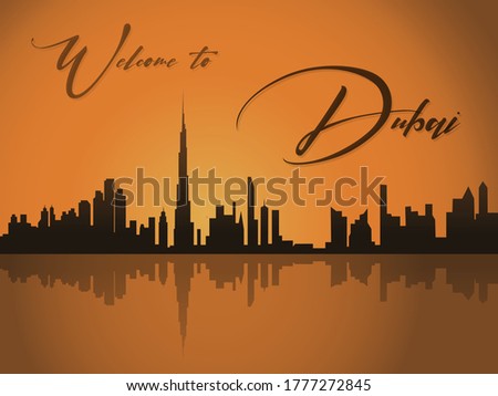 welcome to Dubai sunset building in Dubai tower skyline united arab emirates vector illustration design for post card touristic print souvenir