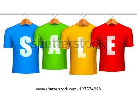 Four color t-shirts with sale announcement.