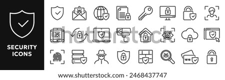 Set of vector line icons related to security, safety, protection. Symbols for website or app ui, logo design, illustration