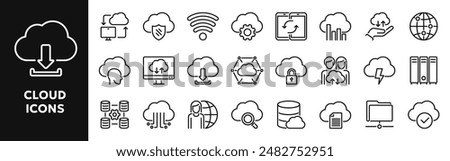 Set of vector line icons related to cloud computing technology and web file storage. Symbols for website or app ui, logo design, illustration
