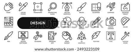 Set of vector line icons related to graphic design, art and drawing tools, creativity and imagination. Symbols for website or app ui, logo design, illustration