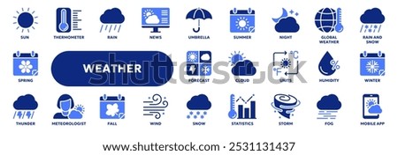 Set of vector solid icons related to weather forecast, climate and temperature, seasons. Symbols for website or app ui, logo design, illustration