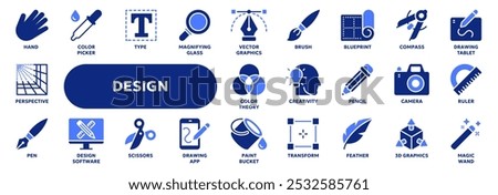 Set of vector solid icons related to graphic design, art and drawing tools, creativity and imagination. Symbols for website or app ui, logo design, illustration