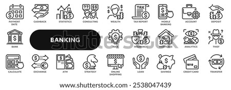 Set of vector linear icons related to banking and finance, money management, payment. Symbols for web or app ui, logo design, illustration