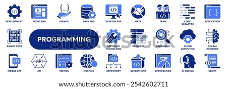 Set of vector solid icons related to programming and coding, desktop and mobile application development, software engineering. Symbols for website or app ui, logo design, illustration