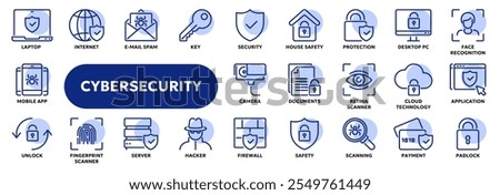 Set of vector line icons related to cybersecurity, personal information protection, private data safety. Symbols for website or app ui, logo design, illustration