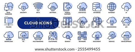 Set of vector line icons related to cloud computing technology and web file storage. Symbols for website or app ui, logo design, illustration