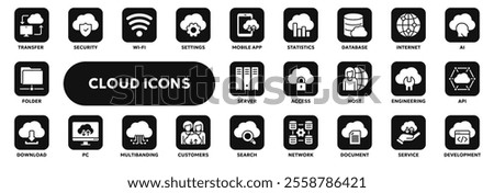 Set of vector solid icons related to cloud computing technology and web file storage. Symbols for website or app ui, logo design, illustration