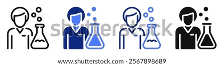 Vector icon or logo of scientist with flask related to chemistry science, laboratory experiment. Symbol for website or app ui, logo design, illustration