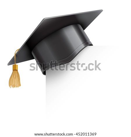Graduation cap or mortar board on paper corner. Vector education design element isolated on white background