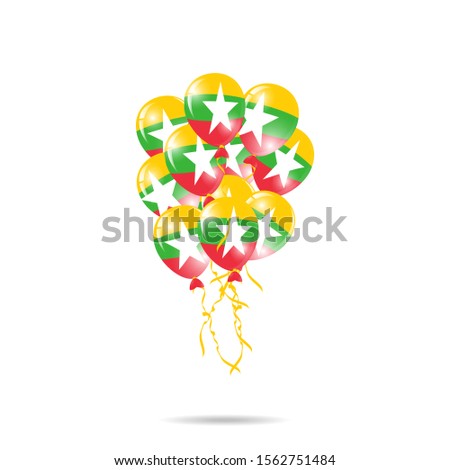 Myanmar Happy National Day greeting card. balloons flag of Myanmar with ribbon isolated on white background. Template for poster, banner, flyer, invitation, brochure, card, cover