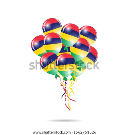 Mauritius Happy National Day greeting card. balloons flag of Mauritius with ribbon isolated on white background. Template for poster, banner, flyer, invitation, brochure, card, cover
