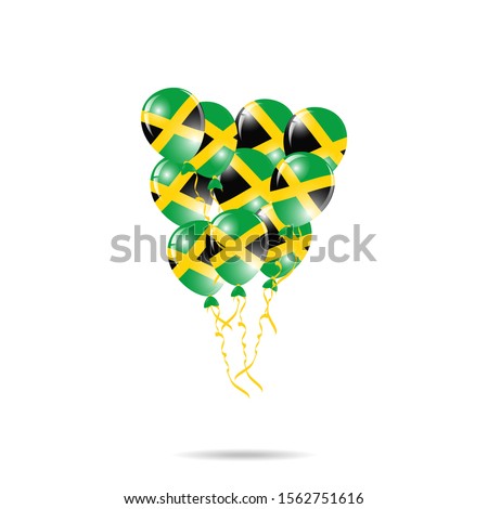 Jamaica Happy National Day greeting card. balloons flag of Jamaica with ribbon isolated on white background. Template for poster, banner, flyer, invitation, brochure, card, cover
