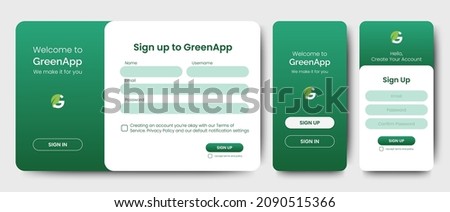 Set of Sign Up and Sign In forms for web and mobile. Green gradient. Registration and login forms page. Professional web design, full set of elements. User-friendly design materials.