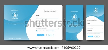 Set of Sign Up and Sign In forms. Blue-Gray gradient. Mobile Registration and login forms page. Professional web design, full set of elements. User-friendly design materials.