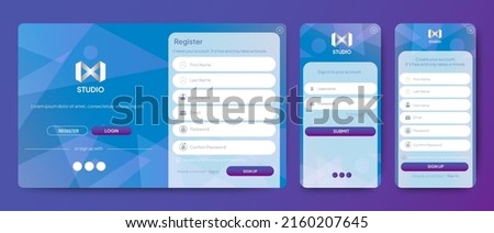 Set of Sign Up and Sign In forms. Blue gradient background with modern logo. Registration and login forms page. Professional web design, full set of elements. User-friendly design materials.