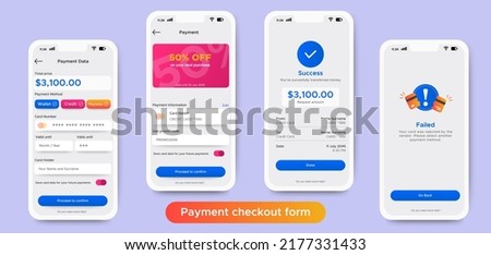 Online Payment checkout mobile apps UI,UX, GUI set with wallet, shopping, account, fund transfer, bill payment, card, promo code and delivered status. Mobile payment interface vector template. Online 