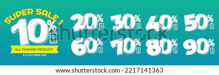 10%, 20%, 30%, 40%, 50%, 60%, 70%, 80%, 90% Discount. Sale tags set vector badges template. Sale offer price sign. Special offer symbol. Discount promotion. Discount badge shape. Vector design