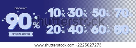 Set of flat light blue Discount numbers with bubble concept. Price off tag design collection. 10%, 20%, 30%, 40%, 50%, 60%, 70%, 80%, 90%, percent vector illustration.
