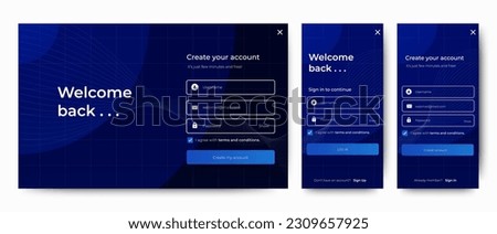 Set of Sign Up and Sign In forms. Blue gradient. Registration and login forms page. Professional web design, full set of elements. User-friendly design materials.	