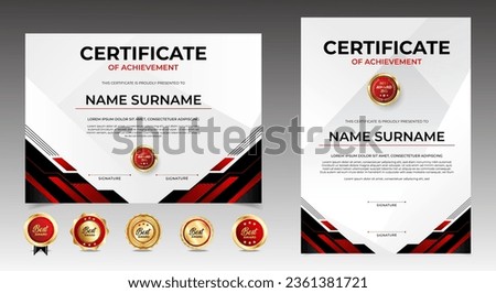 Red and Black Certificate template set with luxury badges. vector EPS 10