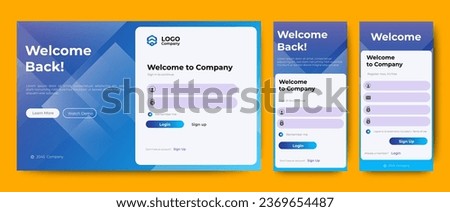 Login and Registration form templates with blue color design. Mobile Sign Up and Sign In page. Professional web design, full set of elements. User-friendly design materials.