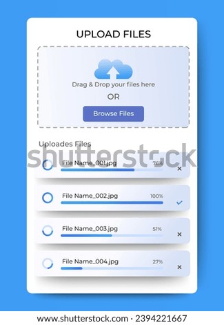 Upload file drag and drop dashboard ui template design. file uploader app ui interface pop up. vector