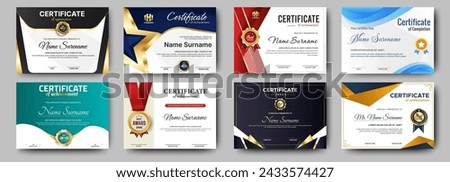 Certificates of achievement template with luxury badge. Eight choice of certificates For award, business, and education needs. Diploma vector template	