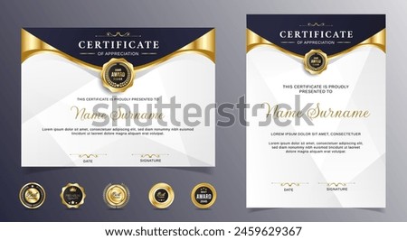 Certificate of appreciation template, gold and black color. Clean modern certificate with gold badge. Certificate border template with luxury and modern line pattern. Diploma vector template