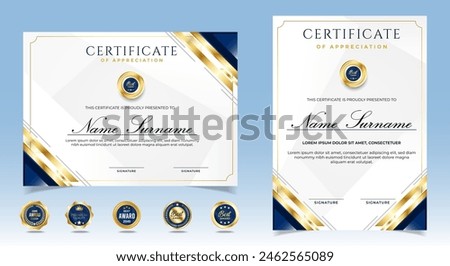 Certificate of appreciation template, gold and blue color. Clean modern certificate with gold badge. Certificate border template with luxury and modern line pattern. Diploma vector template.