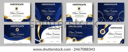 Certificate of appreciation template, gold and blue color. Clean modern certificate with gold badge. Certificate border template with luxury and modern line pattern. Diploma vector template