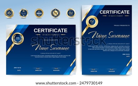 Certificate of appreciation template, gold and blue color. Clean modern certificate with gold badge. Certificate border template with luxury and modern line pattern. Diploma vector template
