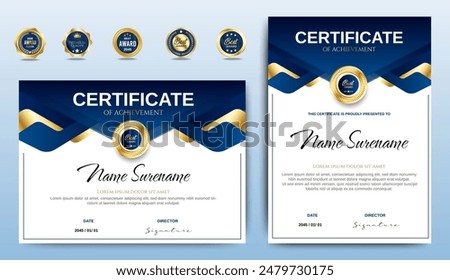 Certificate of appreciation template, gold and blue color. Clean modern certificate with gold badge. Certificate border template with luxury and modern line pattern. Diploma vector template
