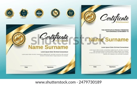 Certificates of completion template with luxury badge and modern line and shapes. Horizontal certificate For award, business, and education needs. Diploma vector template